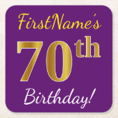 Paars, Faux Gold 70th Birthday + Eigen naam Kartonnen Onderzetters (Voorkant)