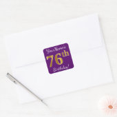 Paars, Faux Gold 76th Birthday + Eigen naam Vierkante Sticker (Envelop)