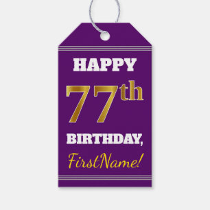 Paars, Faux Gold 77th Birthday + Eigen naam Cadeaulabel