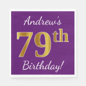 Paars, Faux Gold 79th Birthday + Eigen naam Servet (Voorkant)