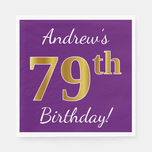 Paars, Faux Gold 79th Birthday + Eigen naam Servet (Voorkant)