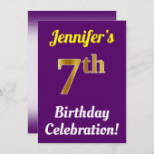 Paars, Faux Gold 7th Birthday Celebration + naam Kaart (Voorkant / Achterkant)