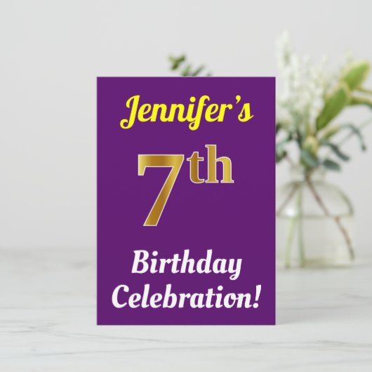 Paars, Faux Gold 7th Birthday Celebration + naam Kaart (Staand voorkant)