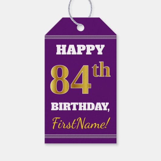 Paars, Faux Gold 84th Birthday + Eigen naam Cadeaulabel (Voorkant)