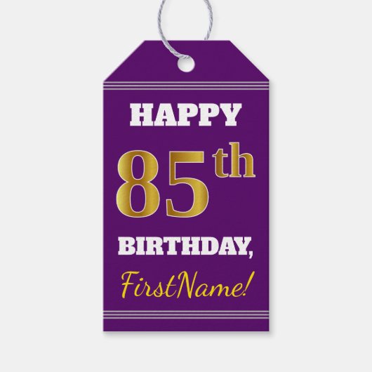 Paars, Faux Gold 85th Birthday + Eigen naam Cadeaulabel (Voorkant)