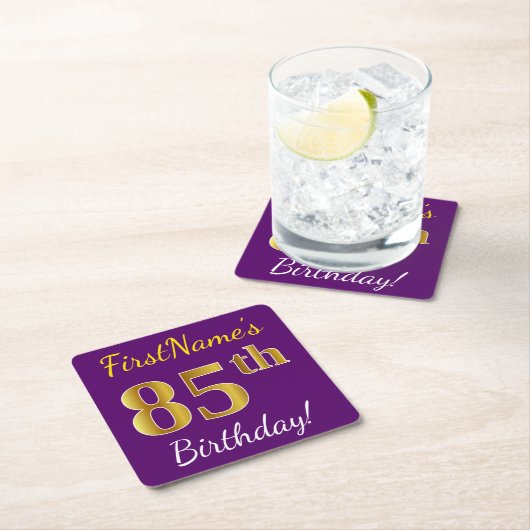 Paars, Faux Gold 85th Birthday + Eigen naam Kartonnen Onderzetters (Insitu)