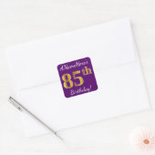 Paars, Faux Gold 85th Birthday + Eigen naam Vierkante Sticker (Envelop)