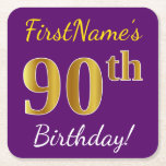 Paars, Faux Gold 90th Birthday   Eigen naam Kartonnen Onderzetters<br><div class="desc">Dit eenvoudige ontwerp van papieren onderzetters heeft een boodschap als "FirstName’s 90th Birthday!", met de "90th" met een faux/imitatie goudachtige kleur uiterlijk, op een paarse gekleurde achtergrond. De naam kan worden aangepast. Gepersonaliseerde papieren onderzetters als deze kunnen misschien worden gebruikt op een verjaardagsfeestje voor iemand die zijn negentigste verjaardag viert....</div>