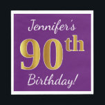 Paars, Faux Gold 90th Birthday   Eigen naam Servetten<br><div class="desc">Dit eenvoudige papieren servetontwerp heeft een boodschap als "Jennifer's 90th Birthday!",  met de "90th" met een faux goudachtig uiterlijk,  op een paarse achtergrond. De naam kan gepersonaliseerd worden. Het kan worden gebruikt op een verjaardagsfeestje voor iemand die zijn negentigste verjaardag viert. [~Z0000085]</div>