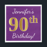 Paars, Faux Gold 90th Birthday   Eigen naam Servetten<br><div class="desc">Dit eenvoudige papieren servetontwerp heeft een boodschap als "Jennifer's 90th Birthday!",  met de "90th" met een faux goudachtig uiterlijk,  op een paarse achtergrond. De naam kan gepersonaliseerd worden. Het kan worden gebruikt op een verjaardagsfeestje voor iemand die zijn negentigste verjaardag viert. [~Z0000085]</div>