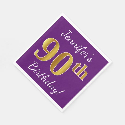 Paars, Faux Gold 90th Birthday + Eigen naam Servetten (Hoek)