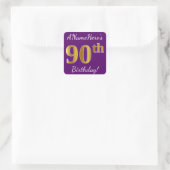 Paars, Faux Gold 90th Birthday + Eigen naam Vierkante Sticker (Tas)