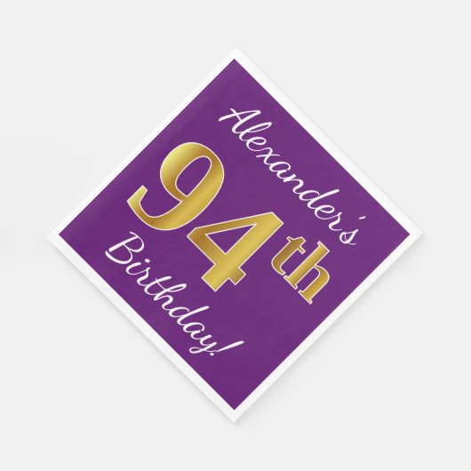 Paars, Faux Gold 94th Birthday + Eigen naam Servet (Hoek)