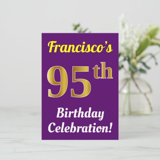 Paars, Faux Gold 95th Birthday Celebration + Name Kaart (Staand voorkant)