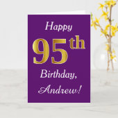 Paars, Faux Gold 95th Birthday + Eigen naam Kaart (Gele Bloem)