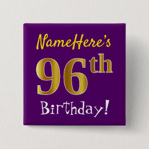 Paars, Faux Gold 96e verjaardag, met aangepaste na Vierkante Button 5,1 Cm