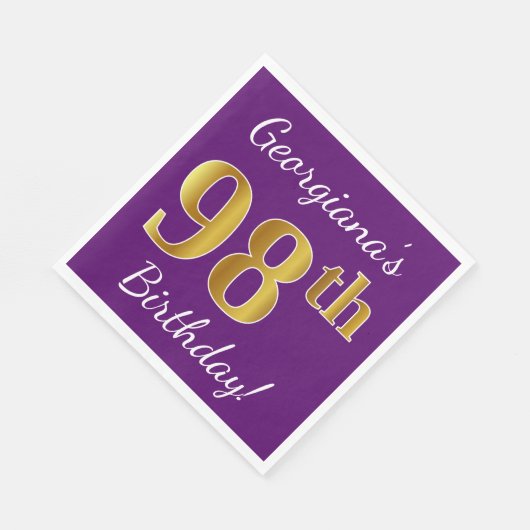 Paars, Faux Gold 98th Birthday + Eigen naam Servetten (Hoek)