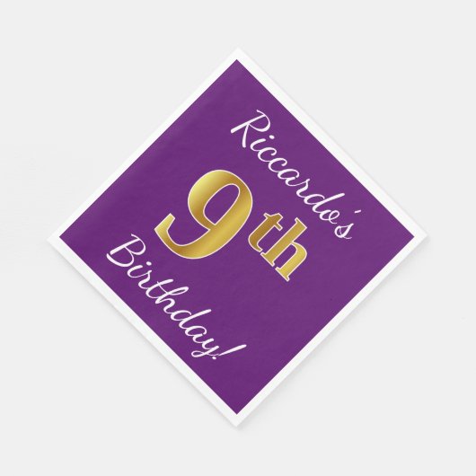 Paars, Faux Gold 9th Birthday + Eigen naam Servet (Hoek)