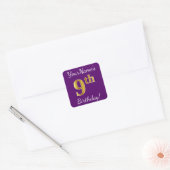 Paars, Faux Gold 9th Birthday + Eigen naam Vierkante Sticker (Envelop)