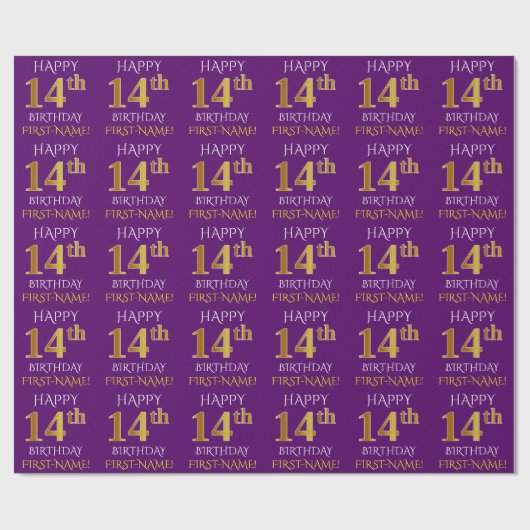 Paars Faux Gold "HAPPY 14th BIRTHDAY" Cadeaupapier (Vlak)