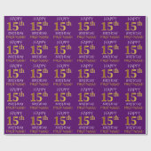 Paars Faux Gold "HAPPY 15th BIRTHDAY" Cadeaupapier (Vlak)