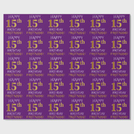 Paars Faux Gold "HAPPY 15th BIRTHDAY" Cadeaupapier