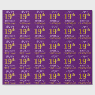 Paars Faux Gold "HAPPY 19th BIRTHDAY" Cadeaupapier