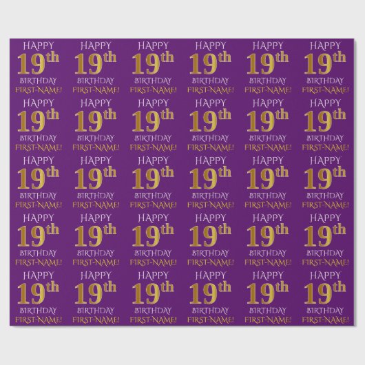 Paars Faux Gold "HAPPY 19th BIRTHDAY" Cadeaupapier (Vlak)