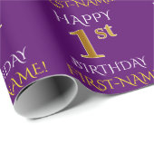 Paars Faux Gold "HAPPY 1st BIRTHDAY" Cadeaupapier (Rol Hoek)