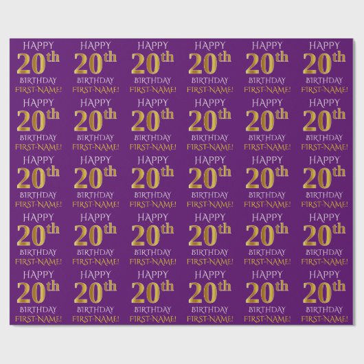 Paars Faux Gold "HAPPY 20th BIRTHDAY" Cadeaupapier (Vlak)