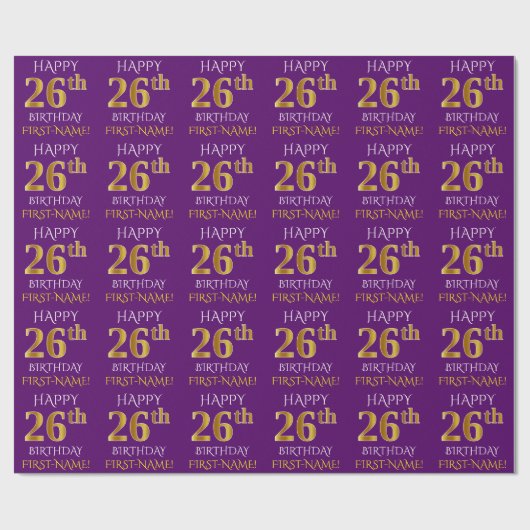 Paars Faux Gold "HAPPY 26th BIRTHDAY" Cadeaupapier (Vlak)