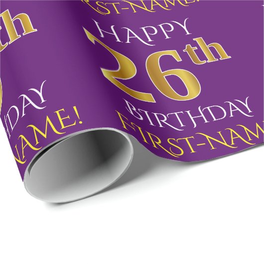 Paars Faux Gold "HAPPY 26th BIRTHDAY" Cadeaupapier (Rol Hoek)