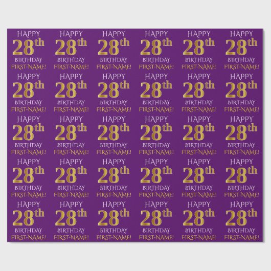 Paars Faux Gold "HAPPY 28th BIRTHDAY" Cadeaupapier (Vlak)