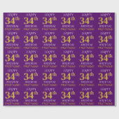 Paars Faux Gold "HAPPY 34th BIRTHDAY" Cadeaupapier (Vlak)