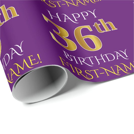 Paars Faux Gold "HAPPY 36th BIRTHDAY" Cadeaupapier (Rol Hoek)