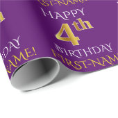 Paars Faux Gold "HAPPY 4th BIRTHDAY" Cadeaupapier (Rol Hoek)