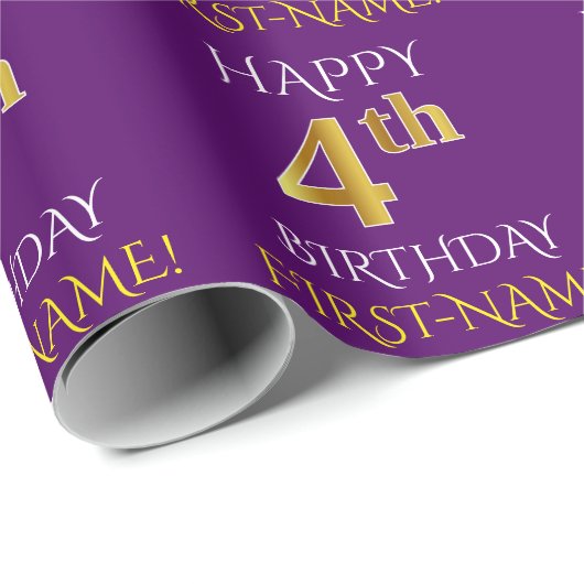 Paars Faux Gold "HAPPY 4th BIRTHDAY" Cadeaupapier (Rol Hoek)