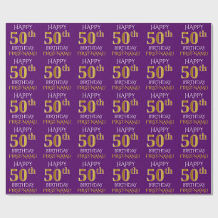 Paars Faux Gold "HAPPY 50th BIRTHDAY" Cadeaupapier