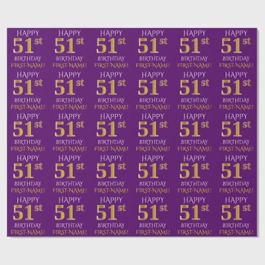 Paars Faux Gold "HAPPY 51st BIRTHDAY" Cadeaupapier (Vlak)