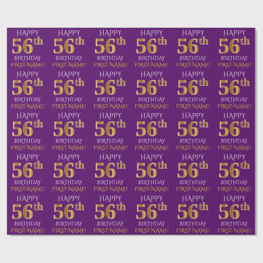 Paars Faux Gold "HAPPY 56th BIRTHDAY" Cadeaupapier (Vlak)