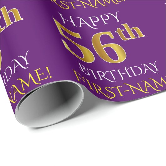 Paars Faux Gold "HAPPY 56th BIRTHDAY" Cadeaupapier (Rol Hoek)