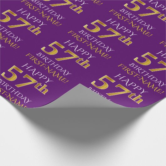 Paars Faux Gold "HAPPY 57th BIRTHDAY" Cadeaupapier (Hoek)