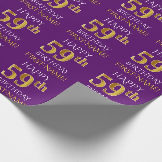 Paars Faux Gold "HAPPY 59th BIRTHDAY" Cadeaupapier (Hoek)