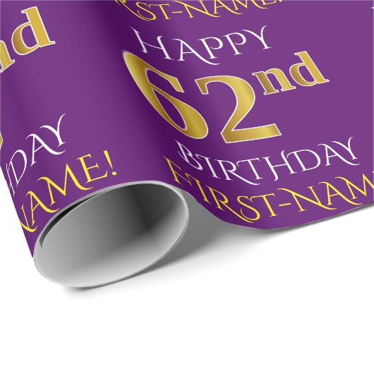 Paars Faux Gold "HAPPY 62nd BIRTHDAY" Cadeaupapier (Rol Hoek)