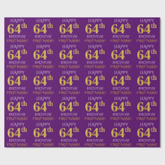 Paars Faux Gold "HAPPY 64th BIRTHDAY" Cadeaupapier (Vlak)