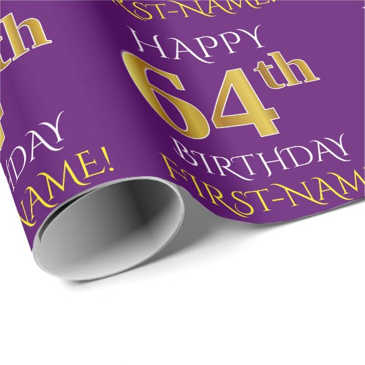 Paars Faux Gold "HAPPY 64th BIRTHDAY" Cadeaupapier (Rol Hoek)