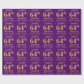 Paars Faux Gold "HAPPY 64th BIRTHDAY" Cadeaupapier (Vlak)