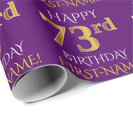 Paars Faux Gold "HAPPY 73rd BIRTHDAY" Cadeaupapier (Rol Hoek)
