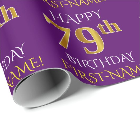Paars Faux Gold "HAPPY 79th BIRTHDAY" Cadeaupapier (Rol Hoek)