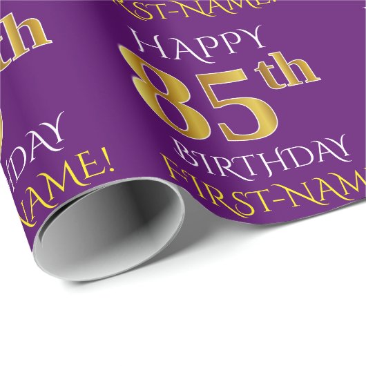 Paars Faux Gold "HAPPY 85th BIRTHDAY" Cadeaupapier (Rol Hoek)
